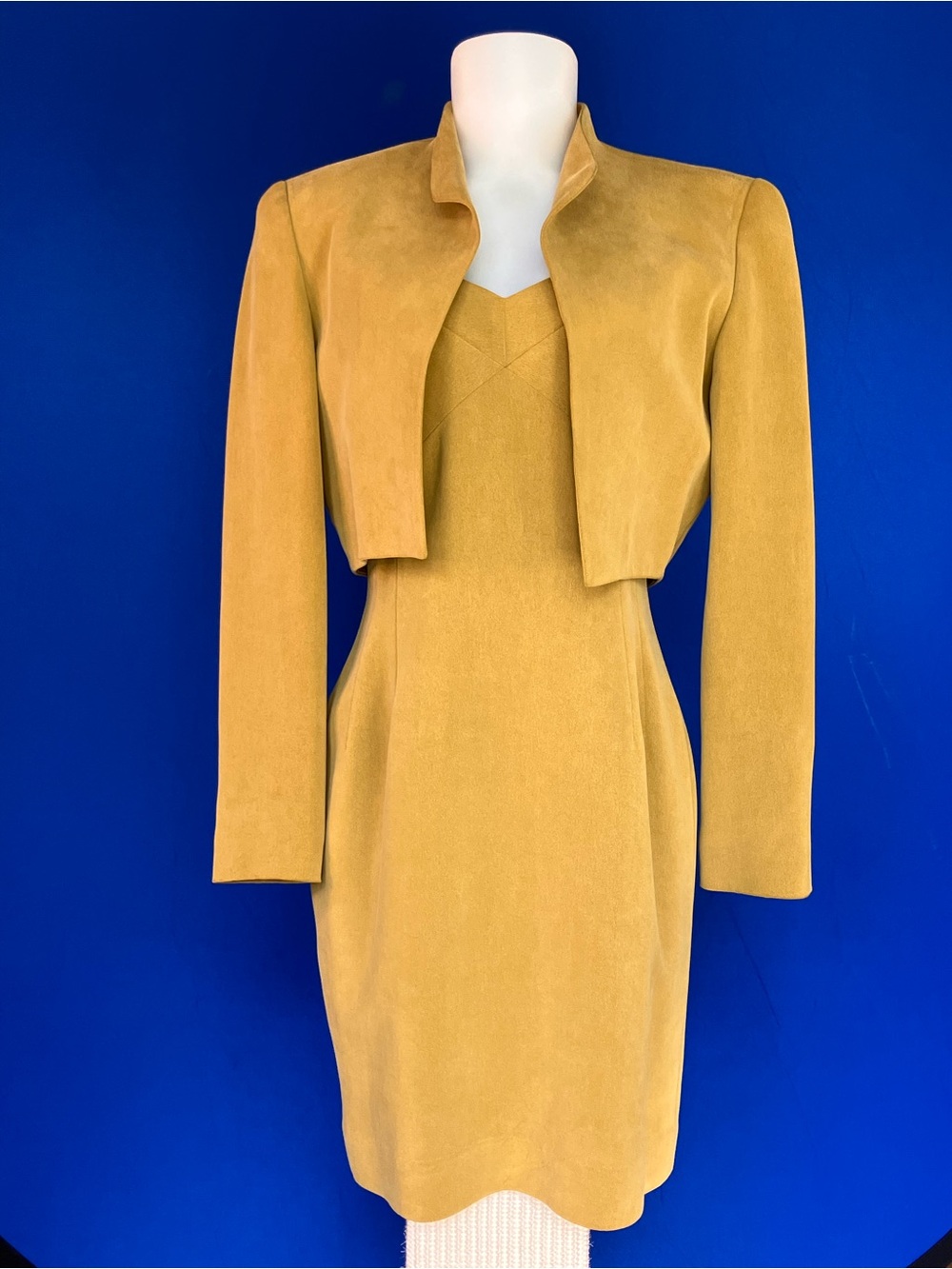 Dana Buchman Mustard Yellow Suede Midi Dress with Cropped Jacket